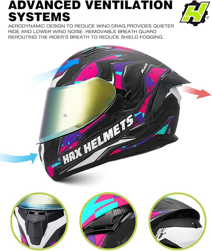 HAX Obsidian Full Face Dual Visor Adult Motorcycle Helmet for Motorbike Street Bike with Pinlock Ready DOT Approved (Blaze Fuchsia,XL)