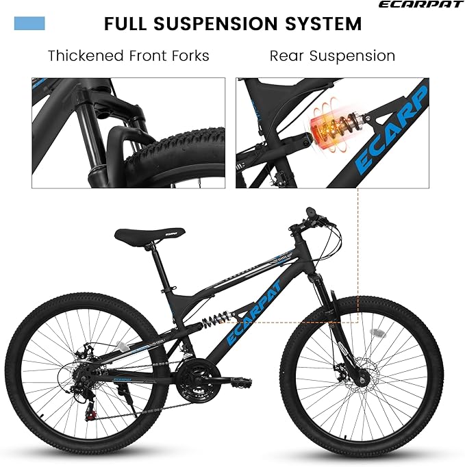 Ecarpat 24/26/27.5 Inch Mountain Bike, Full/Front Suspension Mens Boys Mountain Bike with 21 Speed Steel Frame and Dual Disc Brakes, Adult Sport Bicycle for Trail City Road, Gift Choice