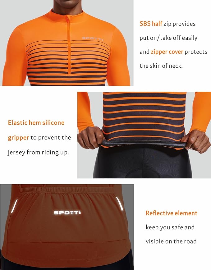 Spotti Men's Cycling Bike Jersey Long Sleeve with 3 Rear Pockets - Moisture Wicking, Breathable, Quick Dry Biking Shirt