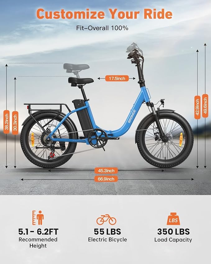 Electric Bike, 1000W Peak Folding Electric Bike, 486Wh 70 Miles Range Ebike, Waterproof Removable Battery, 7 Speed, 25 MPH Max, 20" Step-Thru Bicycle with Front Basket