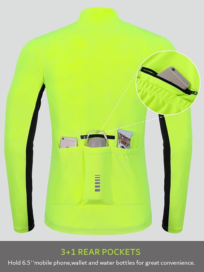 Spotti Men's Cycling Bike Jersey Long Sleeve with 3 Rear Pockets - Moisture Wicking, Breathable, Quick Dry Biking Shirt