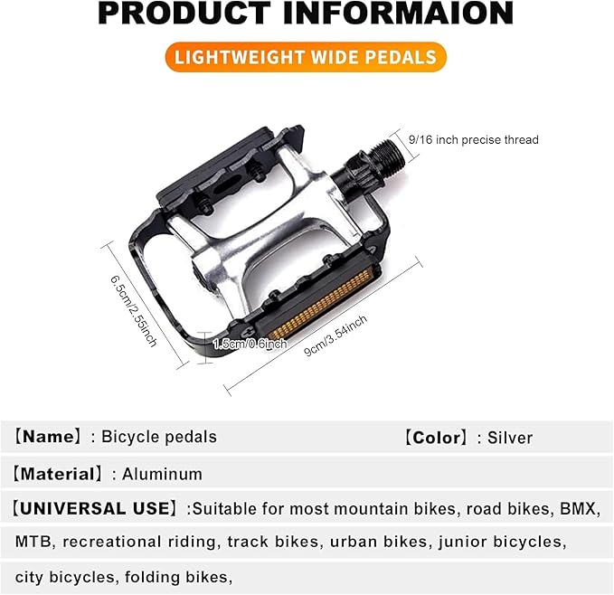 Mountain Bike Pedals,Road/MTB Flat Pedals, Non-Slip Lightweight Aluminum Alloy Bicycle Pedals, Fits 9/16" Road Mountain BMX MTB Bike Pedal