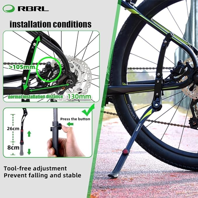 RBRL Bike Kickstand Aluminium Alloy, Bicycle Side Stand Universal for 26''-29'', Stable Bicycle Kickstand for Mountain Bike/Road Bike/MTB, Height Adjustable with Non-Slip Rubber Foot
