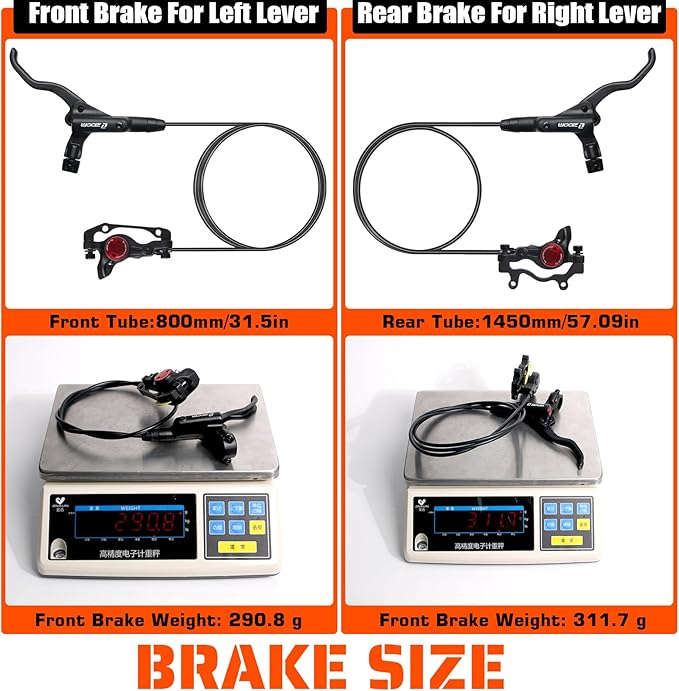 BUCKLOS MTB Hydraulic Disc Brakes Set, Mountain Bike Left Front 800mm Right Rear 1450mm Brake Aluminum Alloy Levers with Calipers PM/is Adapter Fit E-Bike(Pred Bled/Pads Included)