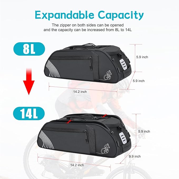 YEEGO DIRECT Bike Rack Bag, 14L Expandable Capacity Bike Bags for Bicycles Rear Rack,Water-resistant Bike Trunk Bag, Bike Panniers Reflective Design, Crossbody Shoulder Bag for Commuting Outings