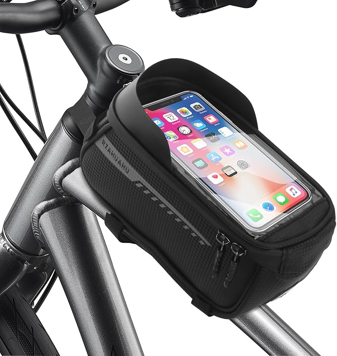Bike Phone Handlebar Bag Quick Release Bike Front Frame Bag Bike Phone Mount Bag Waterproof Sensitive Touch Screen & Sun Visor Bike Top Tube Bag Suitable for Cell Phones 7''