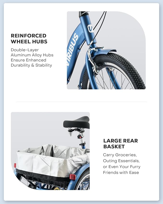 VIRIBUS Folding Tricycle for Adults, 20 inch Foldable Adult Tricycle 1 or 7 Speed Speed with Basket, Folding 3 Wheel Bikes for Adults Senior Women Men, Collapsible Mini Trike, Three Wheeler 330lb.