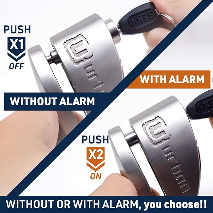 URBAN UR910S Approved Motorcycle Disc Lock with Hi-Tech Alarm | 120dB, X2 ON | SRA & Sold Secure Gold Tested Anti-Theft for Motorbike Scooter Bike | 10mm Double Locking, Stainless Steel