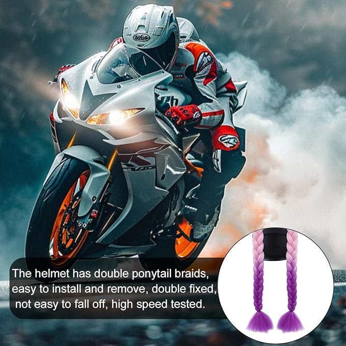 Helmet Pigtail Braids, 2PCS Motorcycle Helmet Ponytail Hair Tails Braid with Detachable Suction Cup, Hel-met Not Included, Bike Decoration Accessories, Universal for Bicycle Motorbike (Style2)
