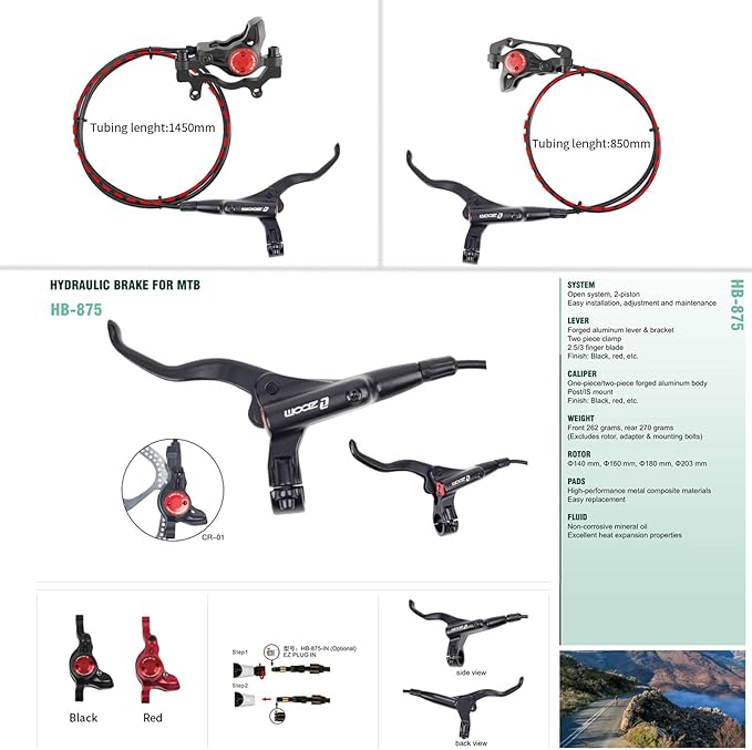 Zoom HB875 Hydraulic Disc Brakes Set, Red, Mountain Bike Left Front 1400mm Right Rear 800mm, Adapter Fit EBike Fat Bike Bicycle for Mountain Bike, Road Bike
