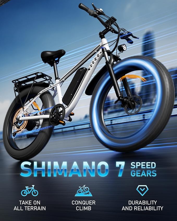 [UL Certified] Electric Bike for Adults with Peak 1500W Brushless Motor, 48V 15AH 35-60 Miles Battery Electric Bicycle, 26" Fat Tire Mountain Bike 28MPH 7 Speed Gears Ebike for Work,Off Road