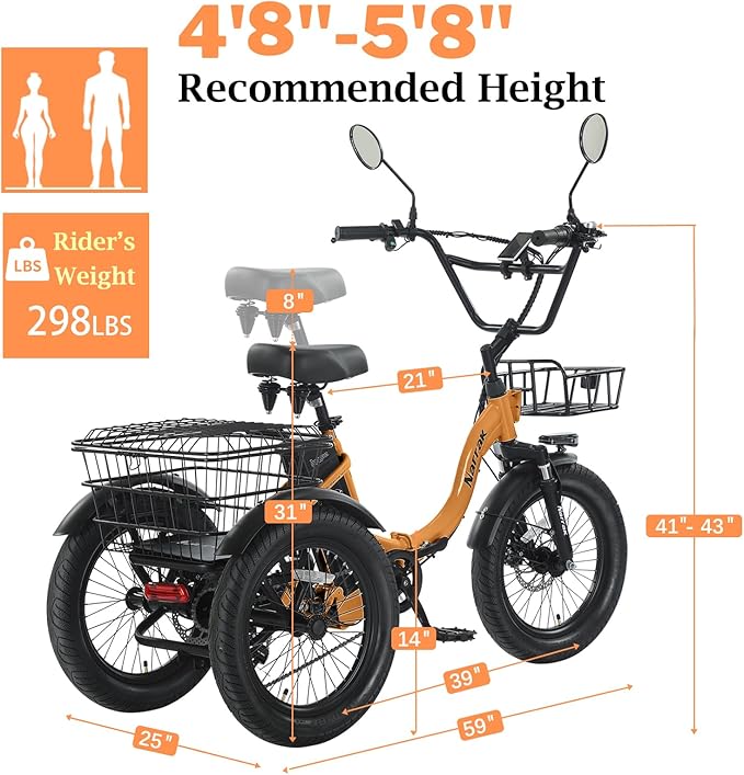 Electric Tricycle for Adults,Fat Tire Folding Electric Trike,3 Wheels Electric Bicycle Bikes, Peak 700W Step-Thru Etrike with 468WH Removable Battery and Large Basket for Women Men
