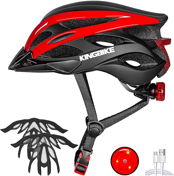 KINGBIKE Bike Helmet for Adult Men Women Youth Road Commute Mountain Cycling Helmets with USB Rechargeable Light Replaceable Padding and Visors Lightweight 20.4-23.6in