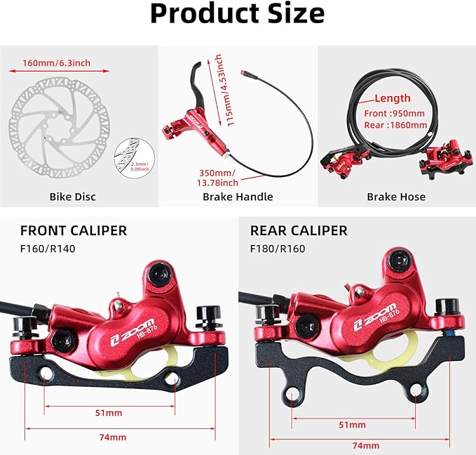 Z00M HB876E 2-PIN 4-Pistons E-Bike Electric Power-Off Hydraulic Brake Set, Pre-Bled with Mineral Oil Brakes Kit for eBike, Mountain Bike, Road Bike