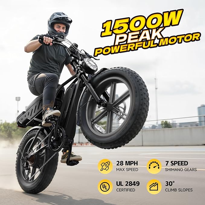 TST Electric Bike for Adults, 1500W Peak Motor Ebike with 48V 15Ah Built-in Battery, 60 Miles Range 28 MPH Electric Bike, 20" Fat Tire E Bike with 7 Speed