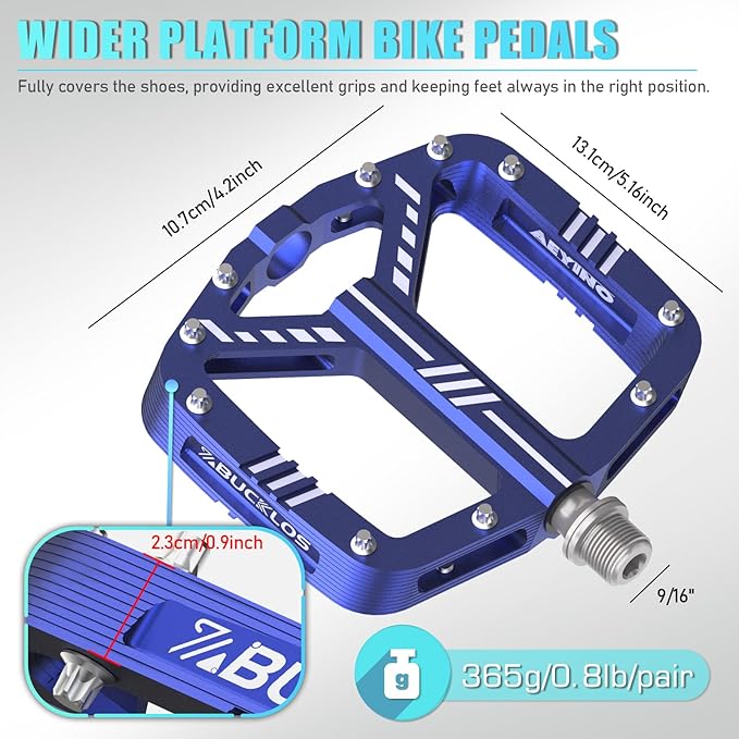 BUCKLOS MTB Flat Pedals Mountain Bike Pedals, 3 Bearings CNC Adult Road Bike Pedals, Bicycle Platform Aluminum Alloy Non-Slip Pedal for Gravel Bike/BMX 9/16"(Black)