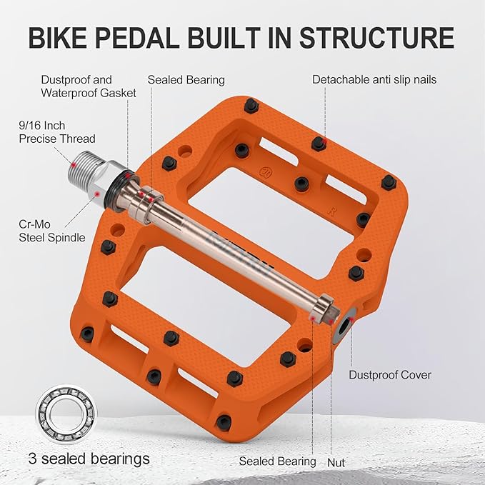 MZYRH Mountain Bike Pedals 9/16" 3 Sealed Bearings Lightweight Non-Slip Nylon Fiber Bicycle Platform Pedals for Road BMX MTB