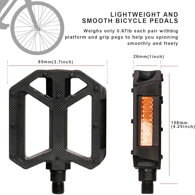 AVASTA Durable Polypropylene Bicycle Pedals with Reflector for Mountain Bike Road Bike and Other Bicycles,Two Thread Size（9/16”&1/2“）