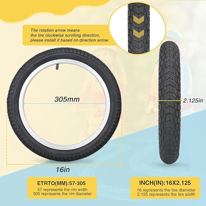 12/16/20x2.125 Bike Tires 1/2 Pack 12/16/20 Inch Kids Folding Replacement Tire/Tube Suitable for Tires 12/20x2.1 12/16/20x2. 125 12/20x2.25, Multiple Colors