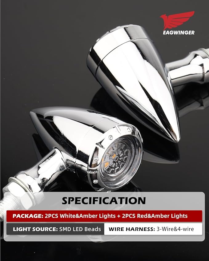 Motorcycle Bullet LED Turn Signal Kit – Front White/Amber & Rear Red/Brake/Amber Lights, Zinc Alloy Housing, M10 Universal Fit for Cruiser Bobber Chopper Custom Bikes(Chrome-Front+Rear)