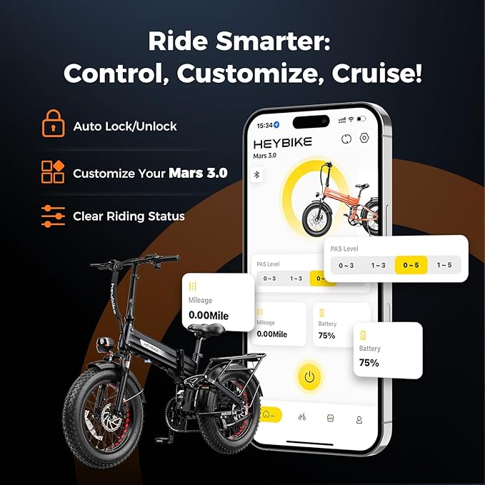 Heybike Mars 2.0/3.0 Foldable Electric Bike, UL2849 Certified, 70+Miles Long Range, 1400W/1800W Peak Motor 32MPH, 624WH Removable Battery, 20"*4 Fat Tire Ebike for Snow, Commute, Full Suspension