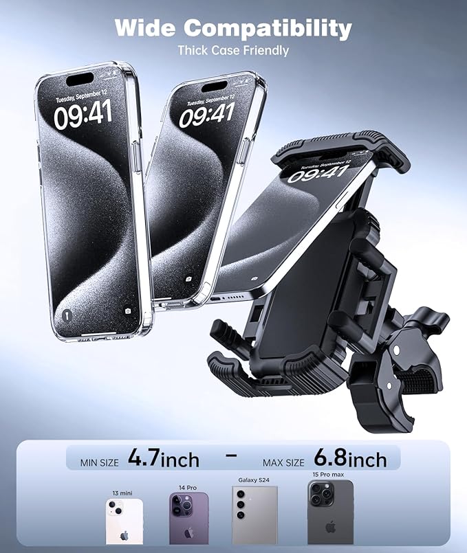 Motorcycle Phone Mount Holder - [Dual Vibration Dampener] [Upgrade Handlebar Clip] Motorcycle Cell Phone Holder, Bike Phone Mount (Black)