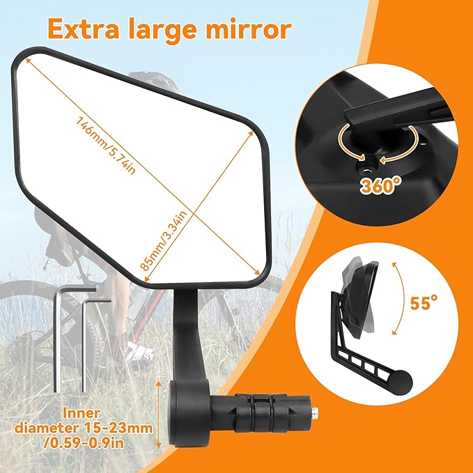 Bike Mirror, Bar End Bicycle Mirror, HD Glass Scratch Resistant and Fall Resistant E-bike Rear View Mirrors, Safe Cycle Mirror for Handlebar for E-bike, City Bikes (Left&Right 0.59-0.9")