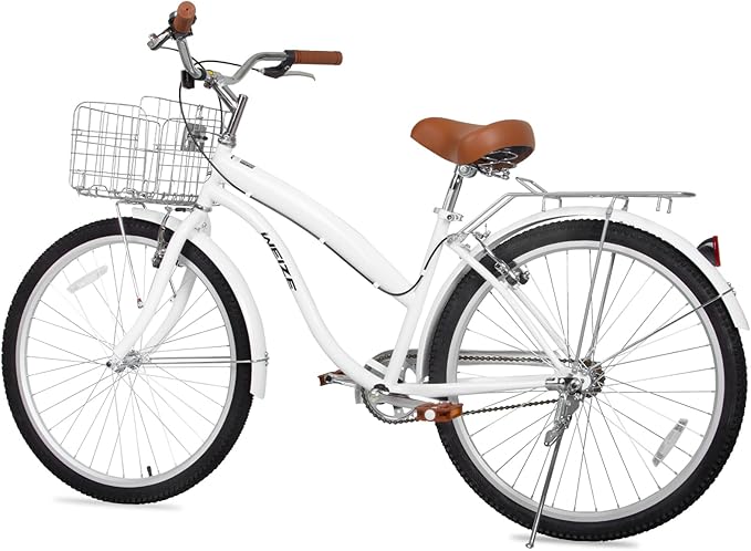 WEIZE Beach Cruiser Bike, 26 inch Commuter Bicycle for Adult Men and Women,High-Carbon Steel/Front & Rear Fenders, Comfortable City Bikes with Rear Rack or Basket, Ergonomic Upright Design