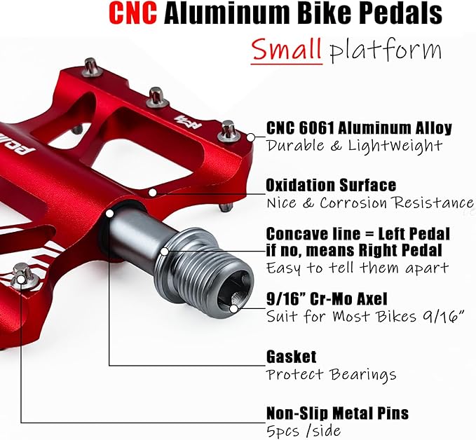 Youth MTB Mountain Bike Colored Pedals, Small Road Bike Pedals Womens MTB Flat Pedal, Kids BMX Pedals for Children's bicyle and Kid's Bike 9/16, CNC Aluminum Pedal w Cr-Mo Axel, 2Bearings,10Pins
