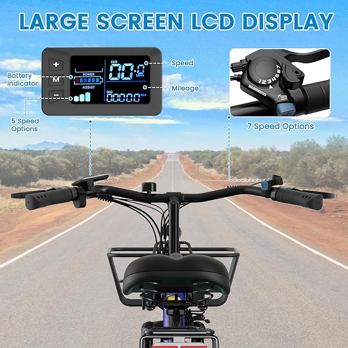 350W Electric Bike for Adults, 20MPH 7-Speed Commuter Ebike with 36V 10.4Ah Battery, Aluminum Frame, Front Suspension, Dual Disc Brakes, E Bicycle with Basket & Rear Rack, 330 lbs Load
