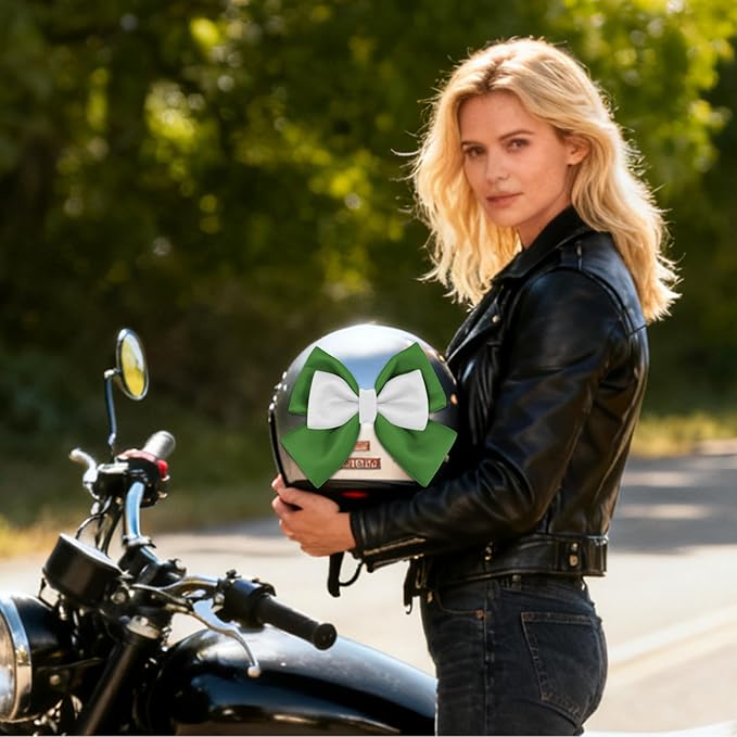 Bow Helmet Accessory, 8.07"x11.22" Stylish Motorcycle Helmet Bow Decoration for Women, Removable Cute Fashion Ribbon Bows Ornament for Motorcycle Scooter E-Bike Helmets (Green+White)