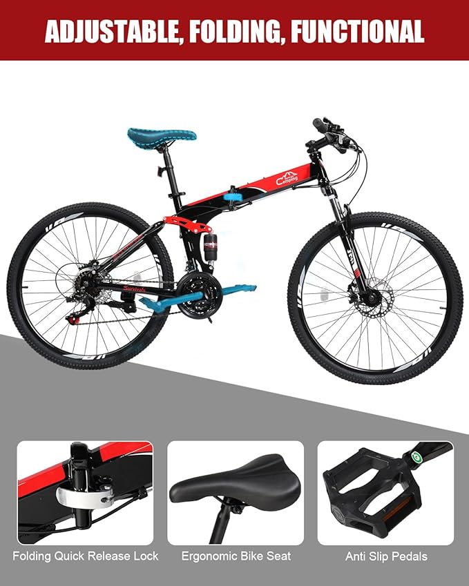 26/27.5 Inch Foldable Bike Folding Bike with 21 Speed, One Touch Folding, Dual Disc Type Brakes, Adjustable Seat, Full Suspension, Folding Bicycle for Men/Women/Senior