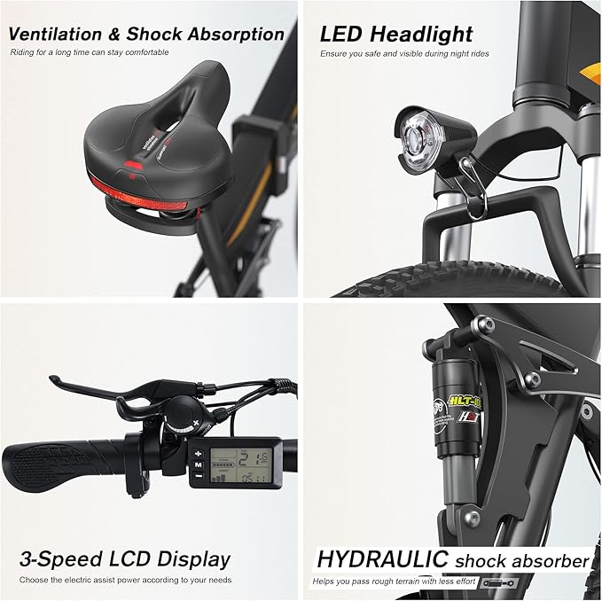 Wooken 26" x4.0 Fat Tire Electric Bike, Folding Electirc Bike for Mountain Commuter, Peak 1000W Motor 21.6 MPH, Ebikes for Adults with 48V/10.4Ah Removable Battery, Suspension Fork, 21 Speed Ebike