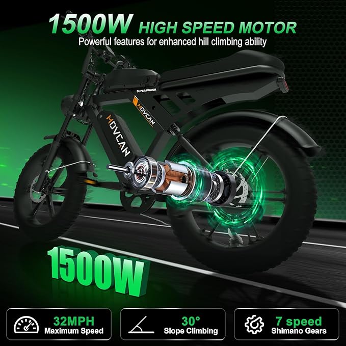MOVCAN V30 Series Electric Bike for Adults, 3000W/1500W/1000W Motor, 20" Fat Tire Ebike, 37.5MPH/32MPH/28MPH, 120/70Miles, 48V 40Ah/31.2/15.6Ah Dual Battery Motorcycle Ebike for Commuting/Off-roading
