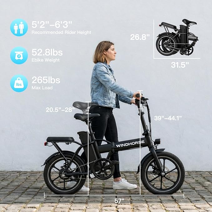 WINDHORSE 16" Folding Electric Bike for Adults, 630W Peak Electric Bicycle, 20MPH, 20-35 Miles Range, 288Wh Removable Battery, UL2849 Certified Commuter Ebike