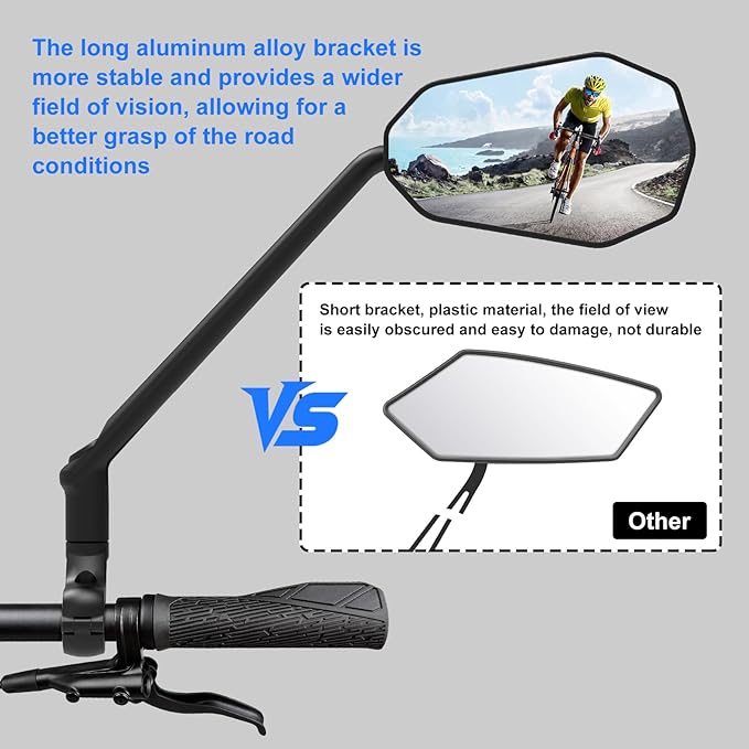 Diyife Bike Mirror, [Long Arm] 2 Pcs HD Wide Angle Large Bicycle Mirrors for Handlebars, 360°Adjustable Anti-shake Bicycle Rear View Mirror, Bike Accessories for Ebike Scooter Mountain Road Bike