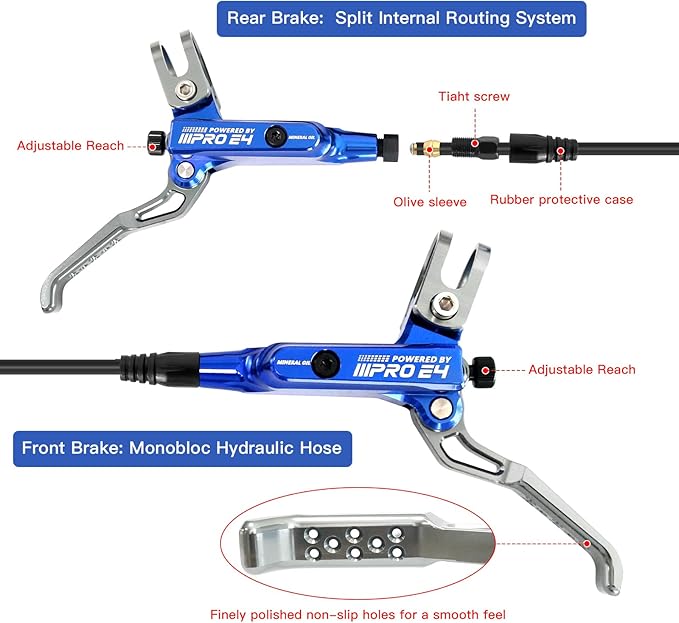 ZTZ IIIPRO E4 MTB Hydraulic Disc Brake Set, 4-Piston Hydraulic Brake Kit with Ceramic Brake Pads for Mountain Bike（Pre-Bled, Front 800mm and Rear 1550mm）