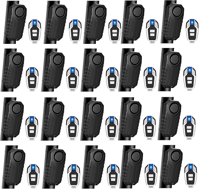 Bike Alarm with Remote,Bicycle Alarm Wireless,113dB Loud Bike Alarms for E-Bikes, Motorcycles, Scooter, Cars, Trailers, Luggage, Outdoor Riding and Cycling Safety IP65 Waterproof, 20Pcs