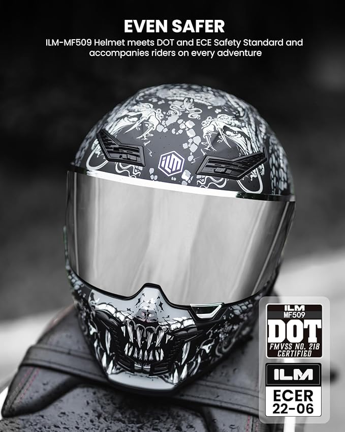 ILM Motorcycle Helmets for Adult Men Women Full Face DOT ECE Powersports Dual Visor Street Racing Helmet with Pinlock Cascos para Motos Model MF509 (Mythology Silver, S)