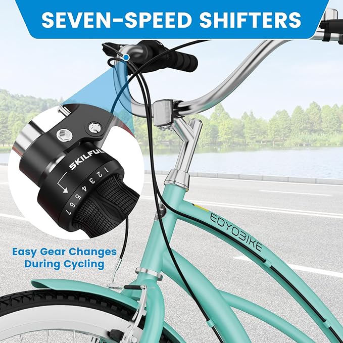 MOPHOTO 24" 26" Adult Bike 7-Speed Beach Cruiser Bike for Adults, Rear Rack, Fenders, Step-Through or Classic Frame