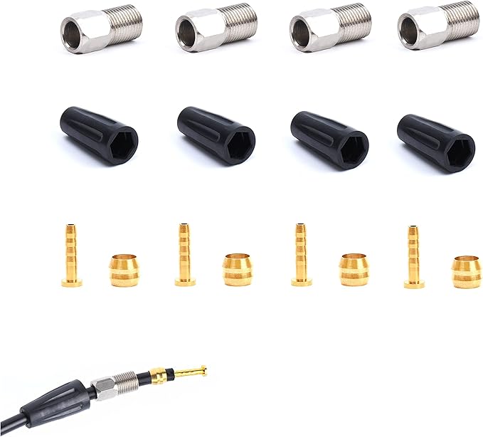 Hydraulic Disc Brake Service Kit Including Sleeve nuts, Rubber Covers, Brass Olives and Barbed Fittings Compatible with Shimano BH59 / BH90, AVID SRAM, Magura Hose, Pack of 4 sets (for BH90)