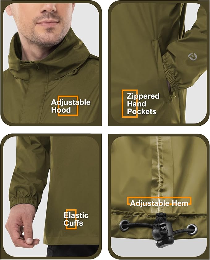 Outdoor Ventures Men's Rain Jacket Waterproof Lightweight Packable Rain Pullover for Hiking Golf Running