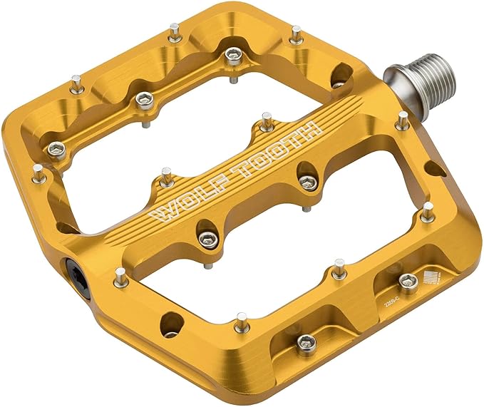 Wolf Tooth Waveform Aluminum Pedals - Small Gold, Durable 6061-T6 Aluminum, Dual-Concave Platform, Sealed Bearings, 22 Stainless Steel Pins for All-Mountain Performance