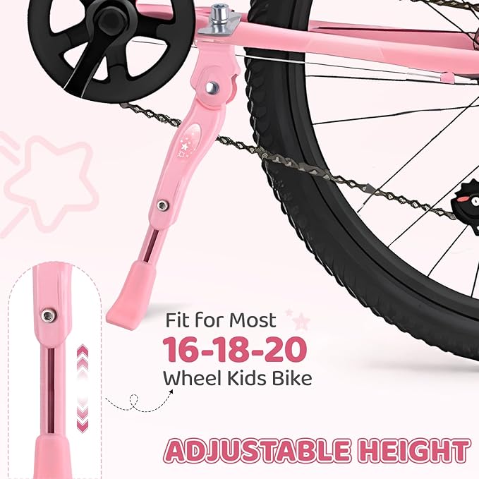 Adjustable Kickstand for Kids Bike, Bike Kickstand Center Mount for 16 18 20 Inch Kids Bikes, Aluminum Alloy Durable Bicycle Kickstand Bike Accessories for Kids, Pink
