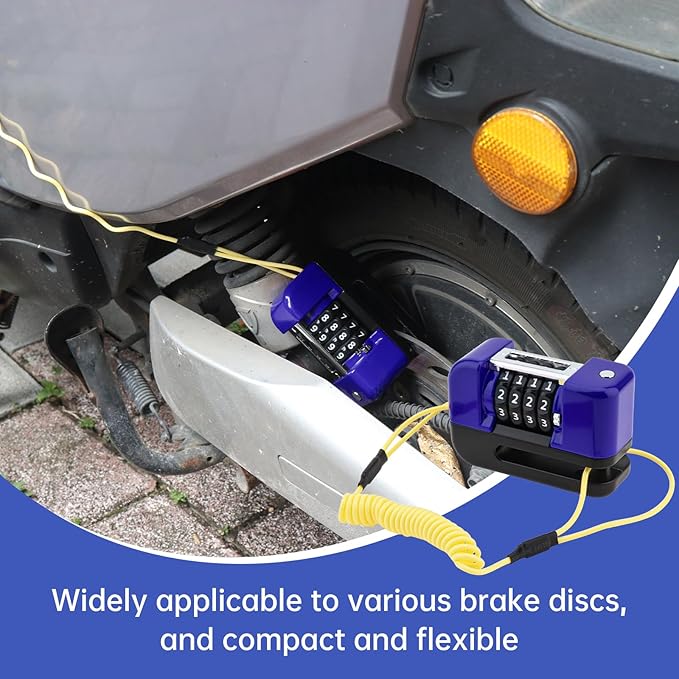 Windance Motorcycle Disc Brake Lock with Reminder Cable, Anti Theft Combination Wheel Lock,Waterproof Aluminum Alloy Keyless Password Security for Motorcycle Scooter Dirt Pit Bike E-Bike (Blue)