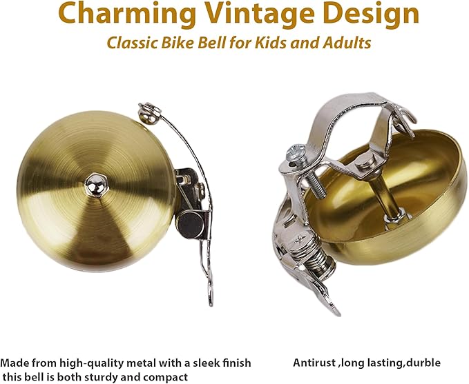 Brass Bike Bell, Bicycle Bell for Adult Bikes, Loud & Clear Sound Bicycle Bell for Adults & Kids Classic Design, Easy Installation Fits Mountain, Road, Folding Bikes and Scooters