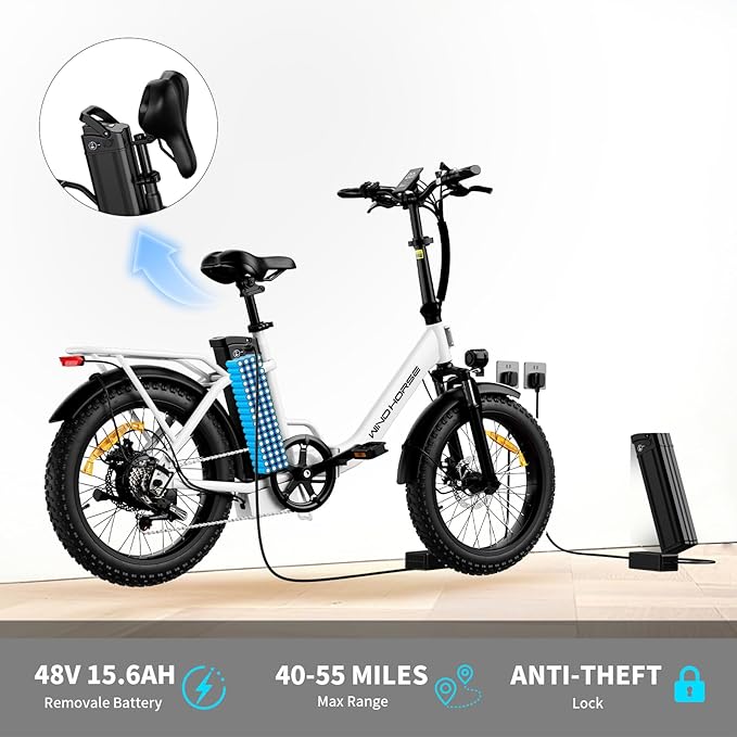WINDHORSE 20" Foldable Electric Bike, 983W Peak Motor, 20MPH, 40–70 Miles, 48V 748.8Wh Removable UL Battery, Front Suspension, Fat Tire E-Bike for Commuting, Beach, All -Terrain | Adults & Teens