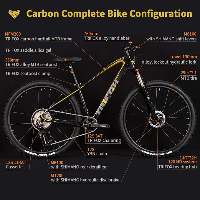 TRIFOX Carbon Fiber Mountain Bike,29er Carbon Mountain Bike with Shimano M6100 Deore Groupset 12-Speed,Carbon Fiber Frame,Hydraulic Fork 130mm Travel,/17/19 inch