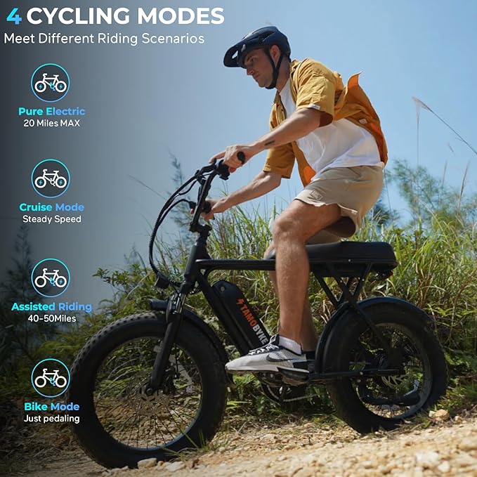 T63 Multi-Color Electric Bike for Adults & Teens, 1000W Peak Motor, 20MPH 468Wh Remove Battery,20"x4"Fat Tire Ebike, Moped Style Comfortable Electric Bikes,Long Seat E Bikes for All-Terrain