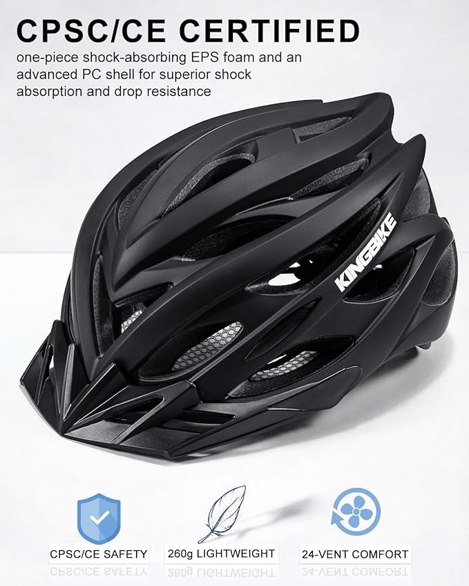 KINGBIKE Bike Helmet for Adult Men Women Youth Road Commute Mountain Cycling Helmets with USB Rechargeable Light Replaceable Padding and Visors Lightweight 20.4-23.6in